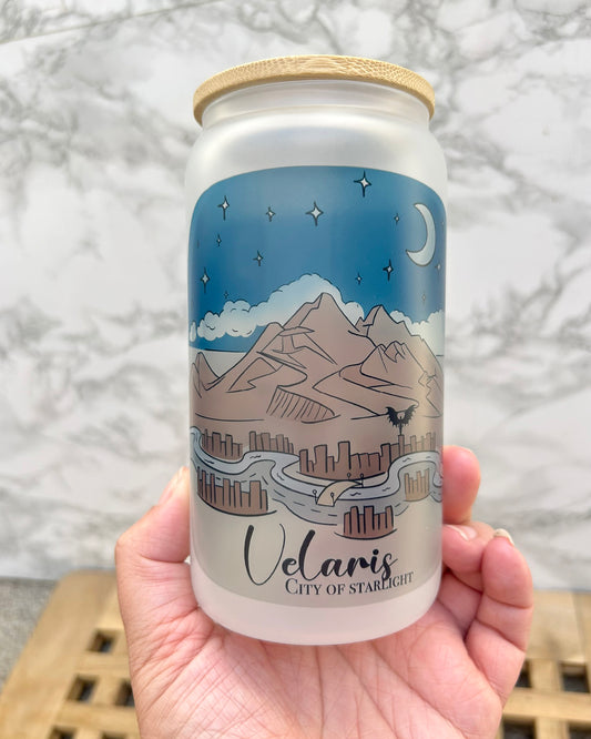 Velaris ACOTAR Bookish Frosted Glass Tumbler with Bamboo Lid & Straw – 16oz Aesthetic Reader Cup
