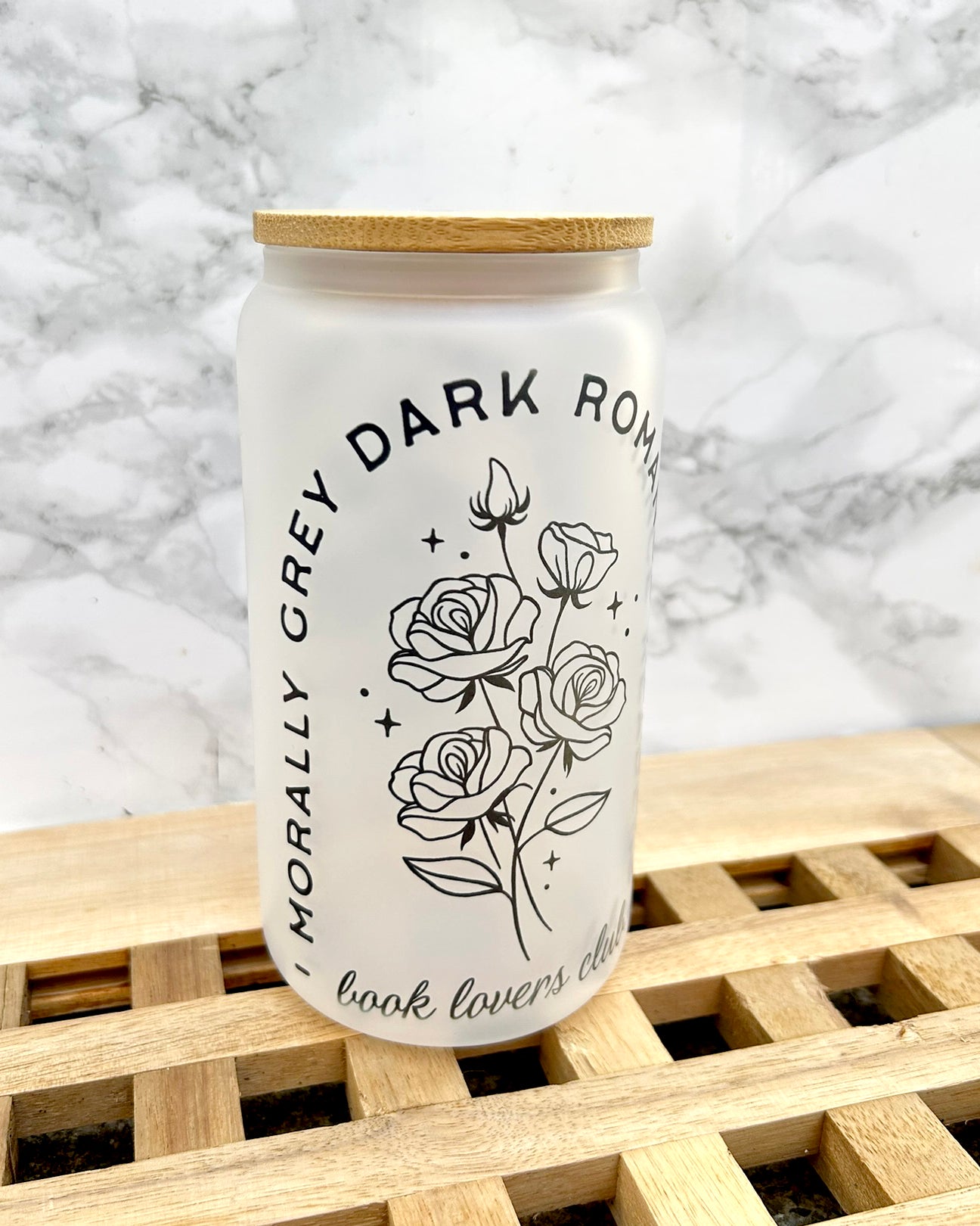 Dark Romance Morally Bookish Frosted Glass Tumbler with Bamboo Lid & Straw – 16oz Aesthetic Reader Cup