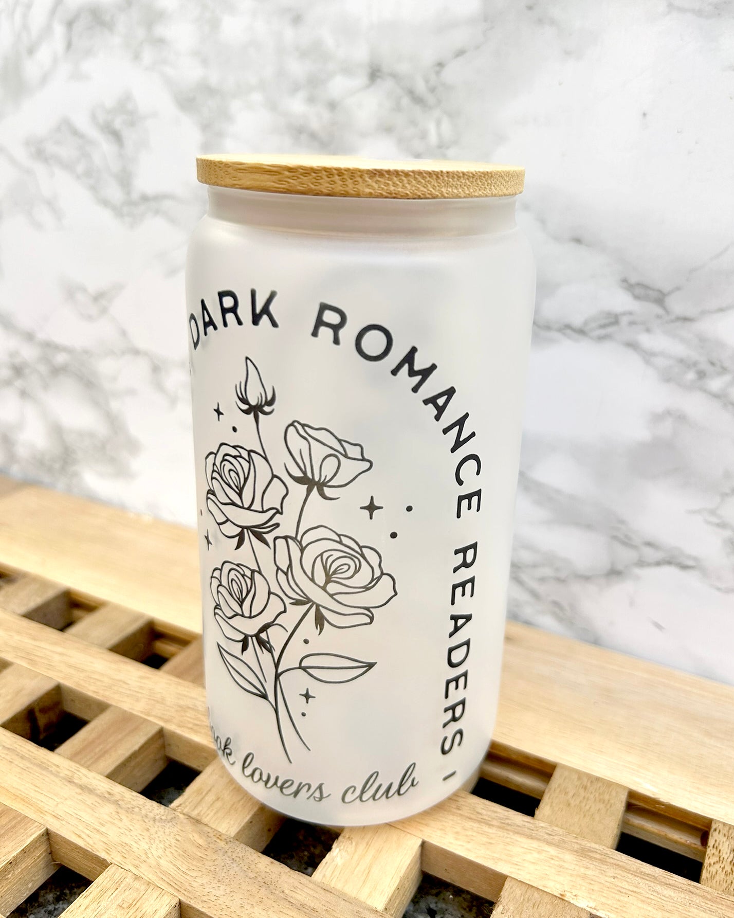 Dark Romance Morally Bookish Frosted Glass Tumbler with Bamboo Lid & Straw – 16oz Aesthetic Reader Cup