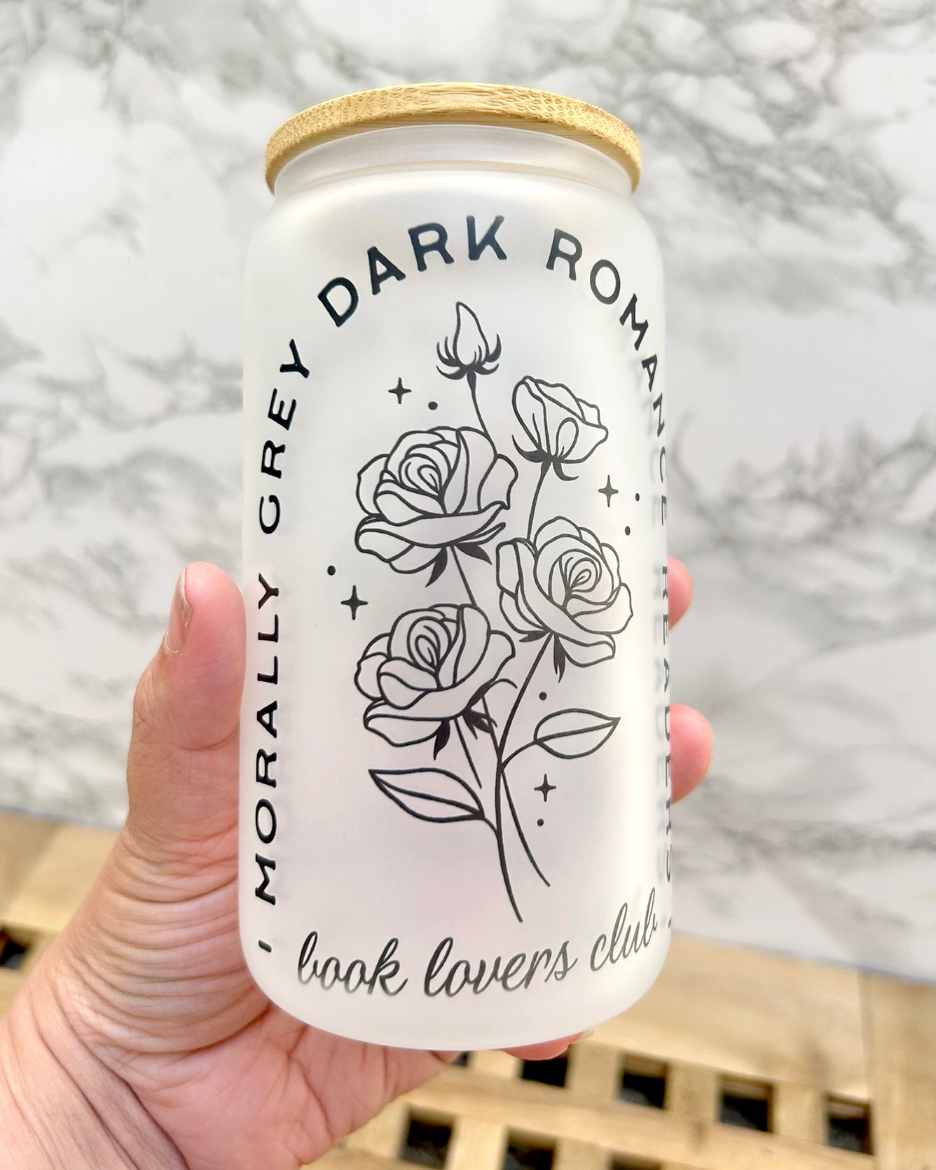 Dark Romance Morally Bookish Frosted Glass Tumbler with Bamboo Lid & Straw – 16oz Aesthetic Reader Cup