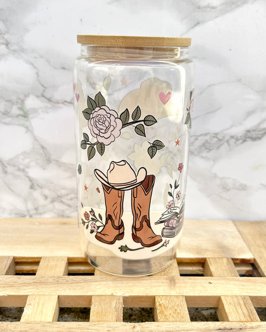 Cowboy Romance Bookish Glass Tumbler with Bamboo Lid & Straw – 16oz Aesthetic Reader Cup