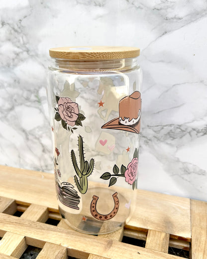 Cowboy Romance Bookish Glass Tumbler with Bamboo Lid & Straw – 16oz Aesthetic Reader Cup