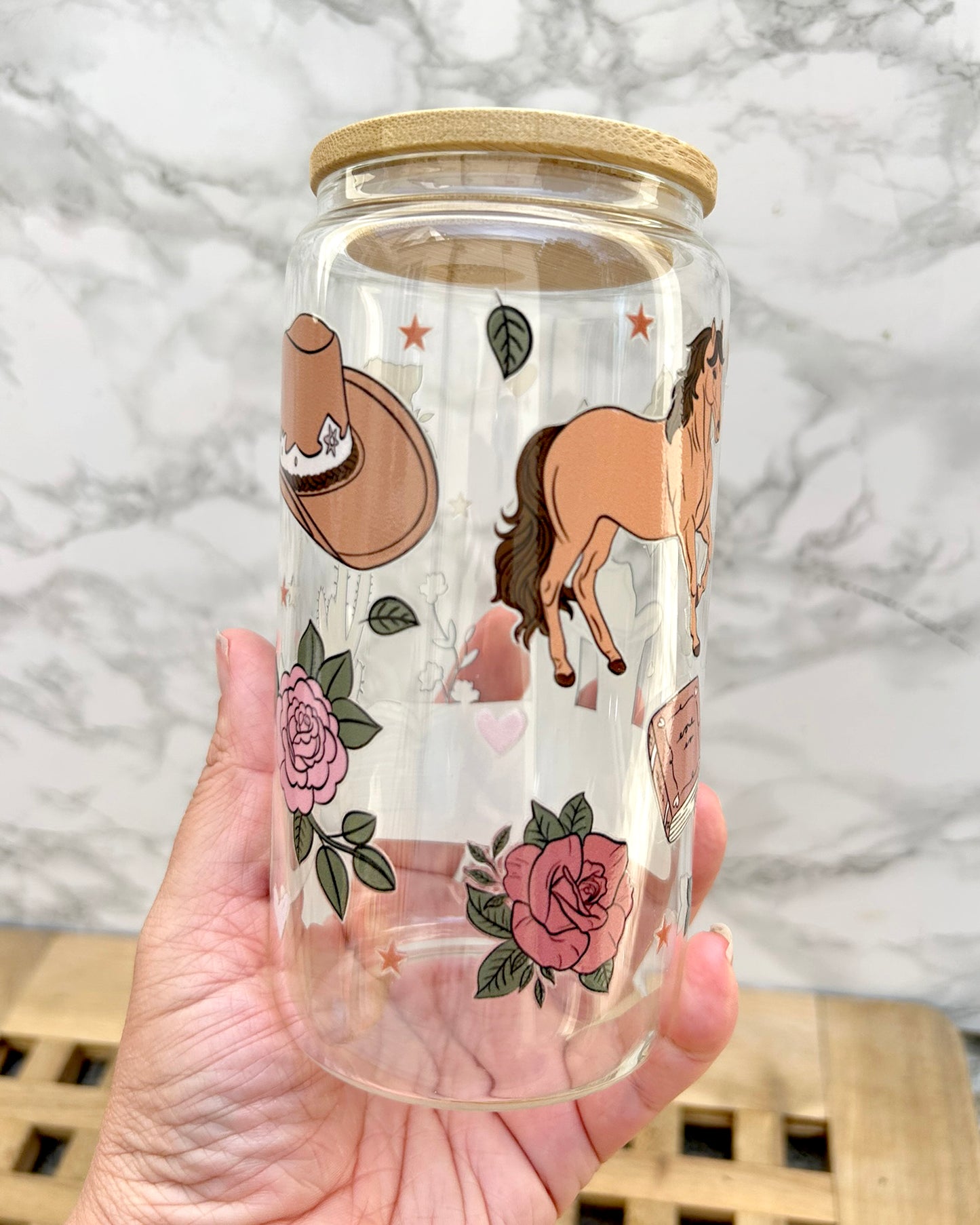 Cowboy Romance Bookish Glass Tumbler with Bamboo Lid & Straw – 16oz Aesthetic Reader Cup