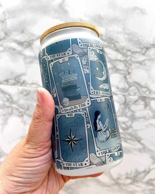 Tarot Cards Bookish Frosted Glass Tumbler with Bamboo Lid & Straw – 16oz Aesthetic Reader Cup