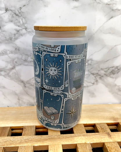Tarot Cards Bookish Frosted Glass Tumbler with Bamboo Lid & Straw – 16oz Aesthetic Reader Cup