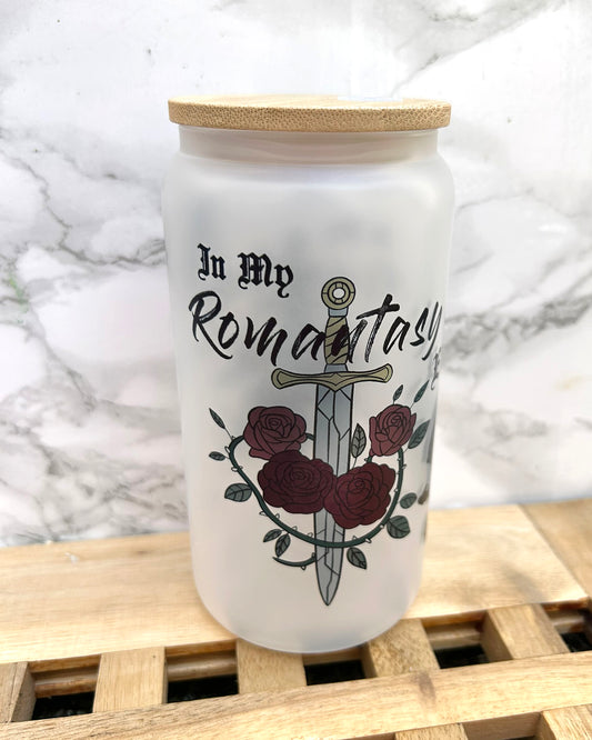 In my Romantasy Era Bookish Frosted Glass Tumbler with Bamboo Lid & Straw – 16oz Aesthetic Reader Cup