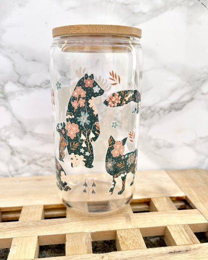 Scandi Folk Woodland Animals Glass Tumbler with Bamboo Lid & Straw – 16oz Aesthetic Cup