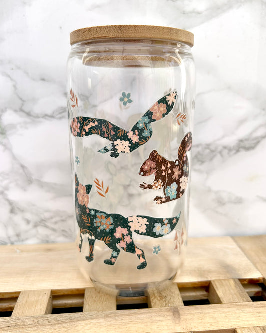 Scandi Folk Woodland Animals Glass Tumbler with Bamboo Lid & Straw – 16oz Aesthetic Cup