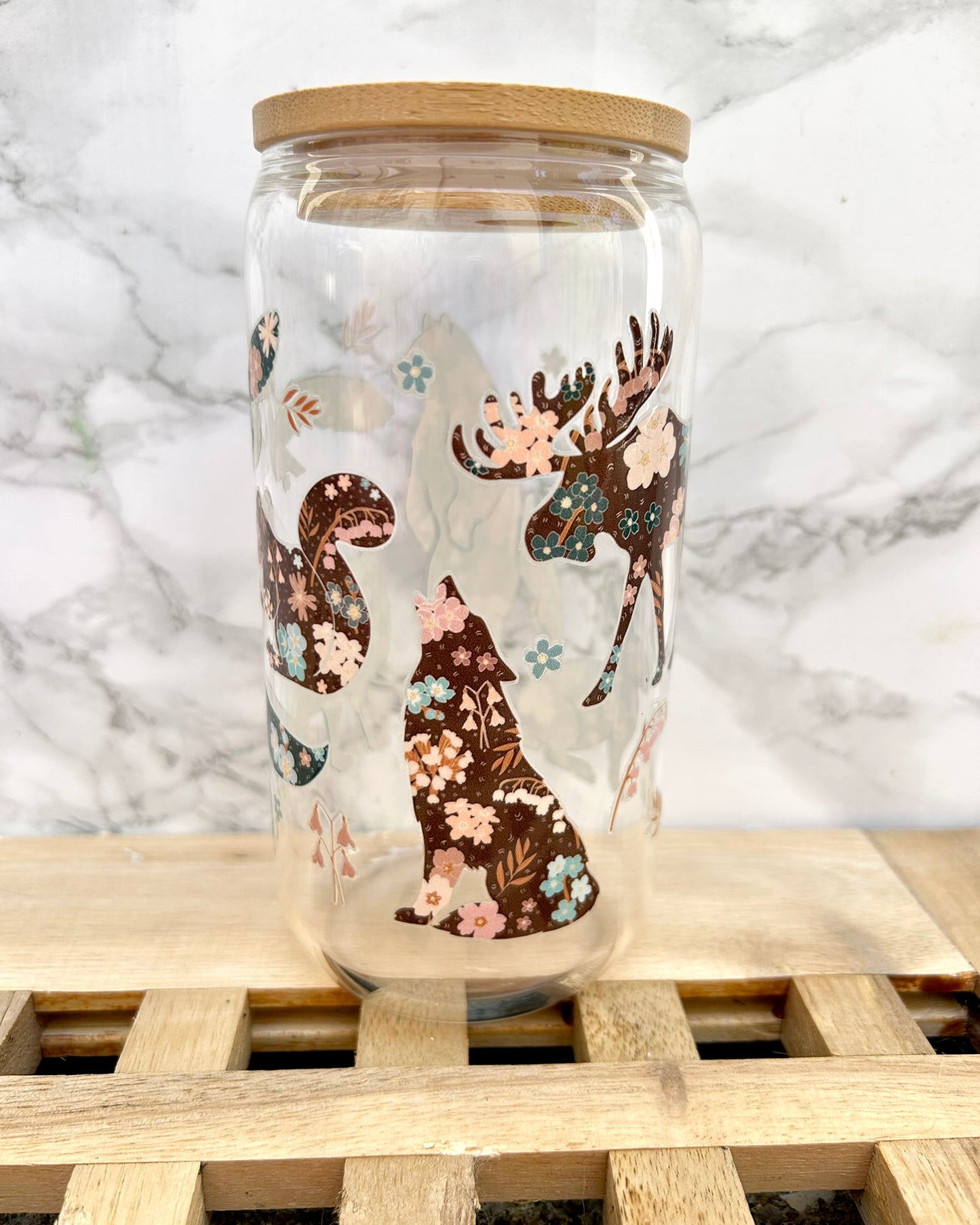 Scandi Folk Woodland Animals Glass Tumbler with Bamboo Lid & Straw – 16oz Aesthetic Cup