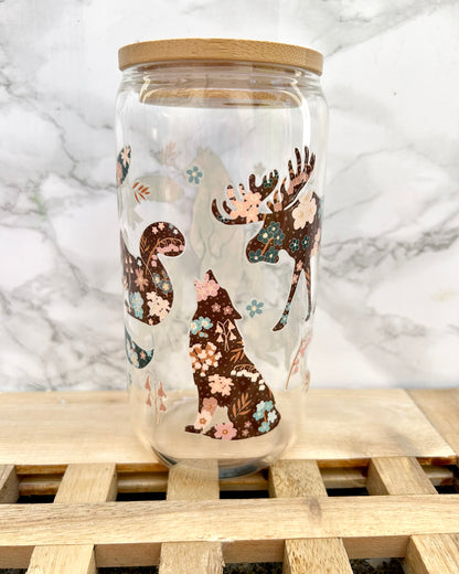 Scandi Folk Woodland Animals Glass Tumbler with Bamboo Lid & Straw – 16oz Aesthetic Cup