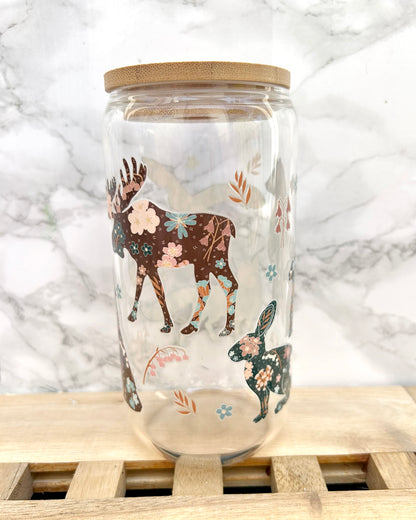 Scandi Folk Woodland Animals Glass Tumbler with Bamboo Lid & Straw – 16oz Aesthetic Cup