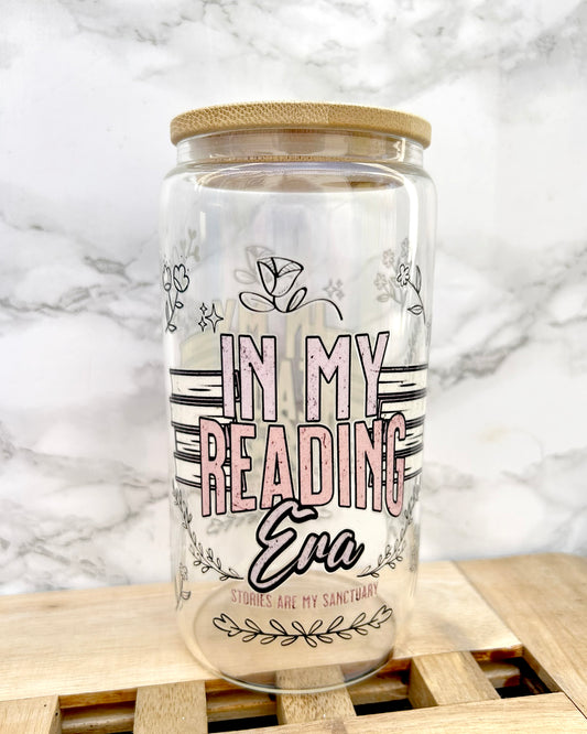 In my Reading Era Bookish Glass Tumbler with Bamboo Lid & Straw – 16oz Aesthetic Reader Cup
