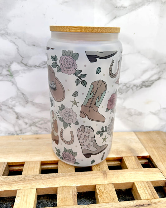 Cowboy Boots Bookish Frosted Glass Tumbler with Bamboo Lid & Straw – 16oz Aesthetic Reader Cup