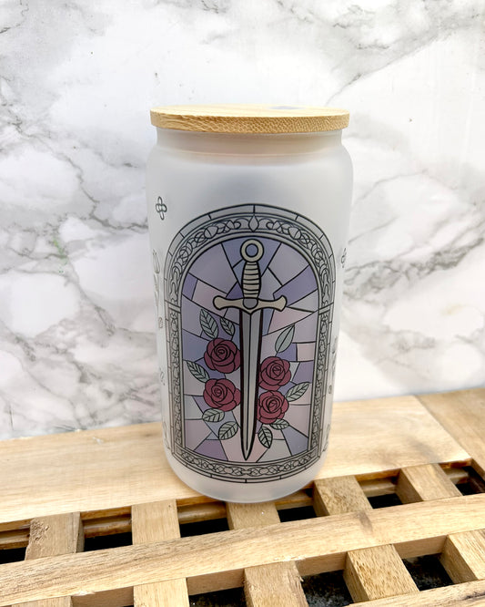 Stained Glass Bookish Frosted Glass Tumbler with Bamboo Lid & Straw – 16oz Aesthetic Reader Cup