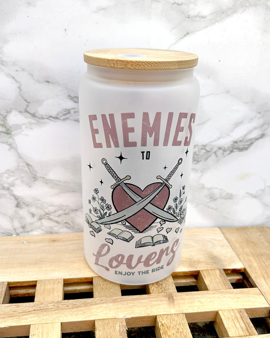 Enemies to Lovers Romance Bookish Frosted Glass Tumbler with Bamboo Lid & Straw – 16oz Aesthetic Reader Cup