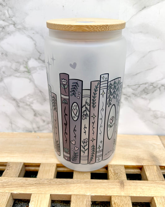 Book Shelf Bookish Frosted Glass Tumbler with Bamboo Lid & Straw – 16oz Aesthetic Reader Cup
