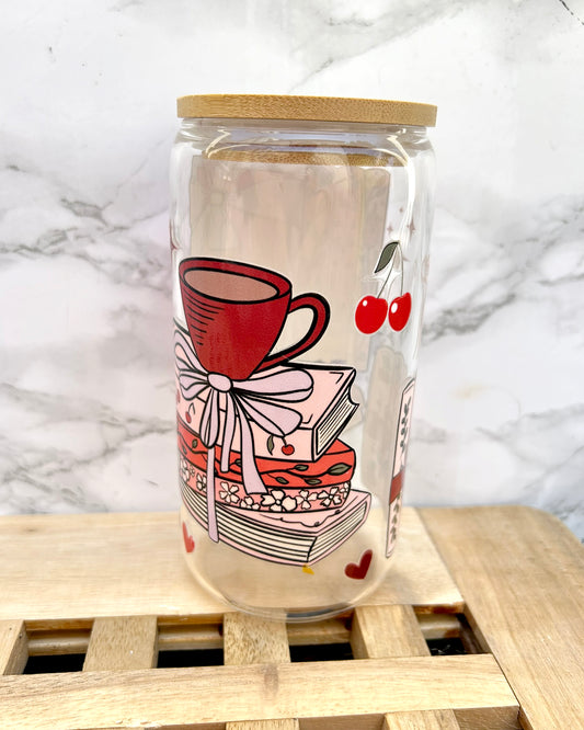 Cherries Bookish Glass Tumbler with Bamboo Lid & Straw – 16oz Aesthetic Reader Cup