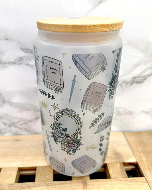 Girlie Romantasy Bookish Frosted Glass Tumbler with Bamboo Lid & Straw – 16oz Aesthetic Reader Cup