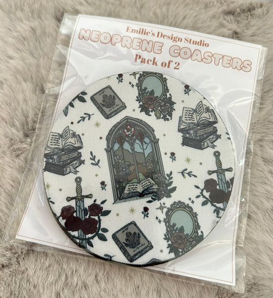 White Romantasy Print Neoprene Coaster 2 Pack