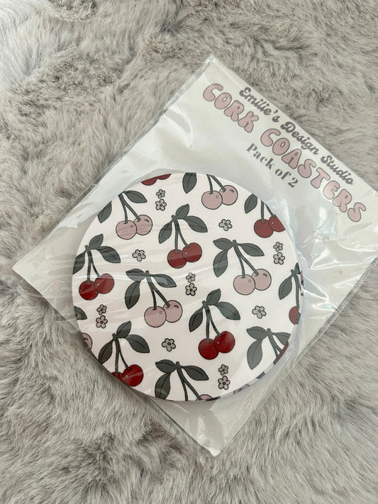 Cherries Hard Cork Coaster 2 Pack